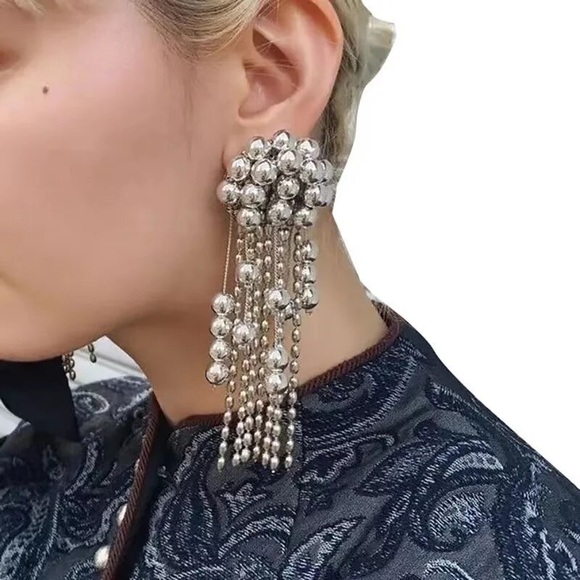 Zara EDGE NYC Uneven Chunky Dangle Mercury Pearl Pin Earrings long - Picture 3 of 16